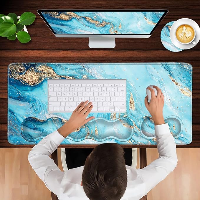 Keyboard Wrist Rest and Mouse Pad with Wrist Support Set Ergonomic CoasterMemory FoamEasy Typing Pain ReliefLarge XL Desk Mat 31.5x 11.8Abstract Marble Texture
