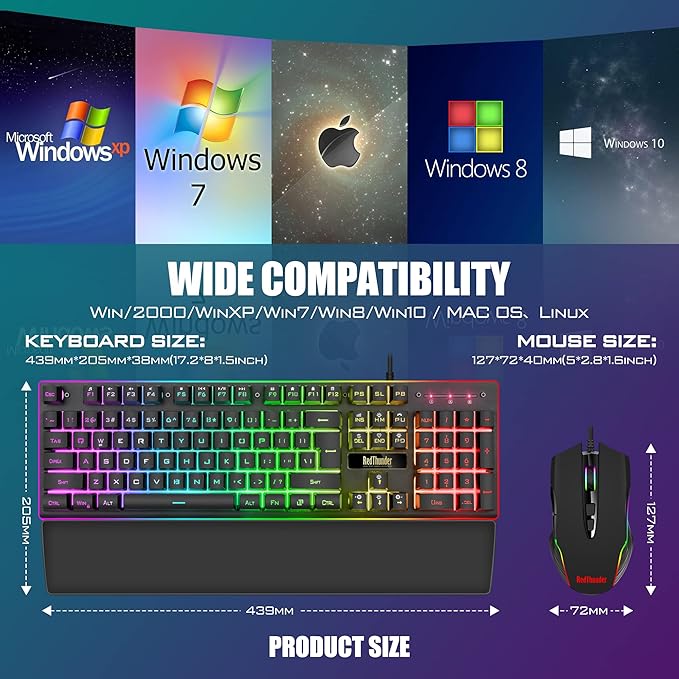 RedThunder K10 Wired Gaming Keyboard and Mouse and Wrist Rest Combo RGB Backlit Mechanical Feel Anti-ghosting Keyboard + 7D 7200 DPI Mice+Soft Leather Wrist Rest 3 in 1 PC Gamer Accessories(Black)