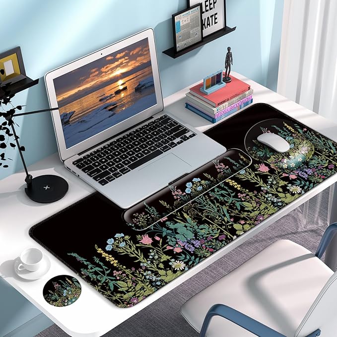 Desk Mat Set + Keyboard and Mouse Pad with Wrist Rest Support4-in-1 Large Mousepad Computer Mats for Desktop Home &amp Office-Flowers Garden