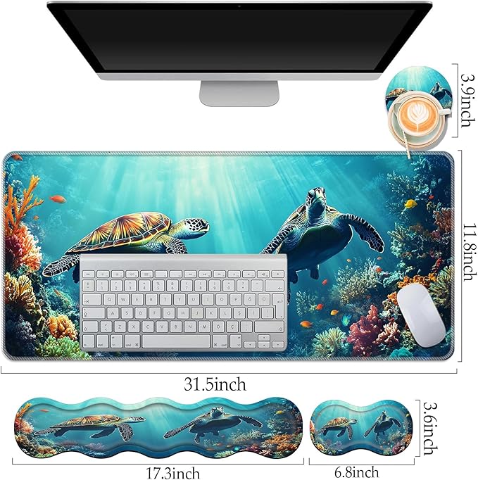 Keyboard Wrist Rest and Mouse Pad Set31.5x11.8 Inches Desk MatWaterproof Non-Slip Ergonomic Wrist Support for Pain ReliefExtended Desk Protector for Office Home GamingCute Turtle