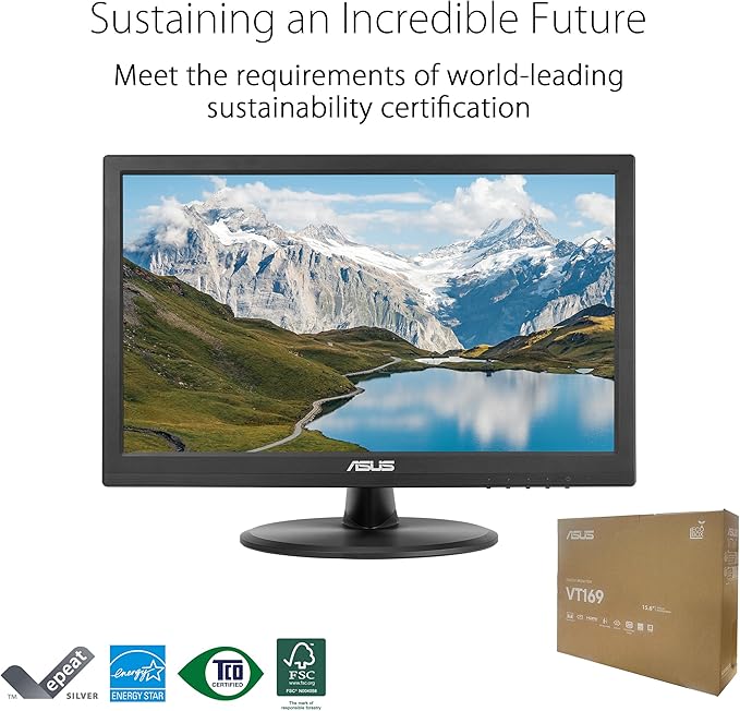 ASUS 15.6” 1080P Touch Monitor (VT169HE) - Full HD 10-Point Touchscreen IPS Wide Viewing Angle Frameless Eye Care Flicker Free Low Blue Light HDMI Windows 11 Compliance VESA Mountable