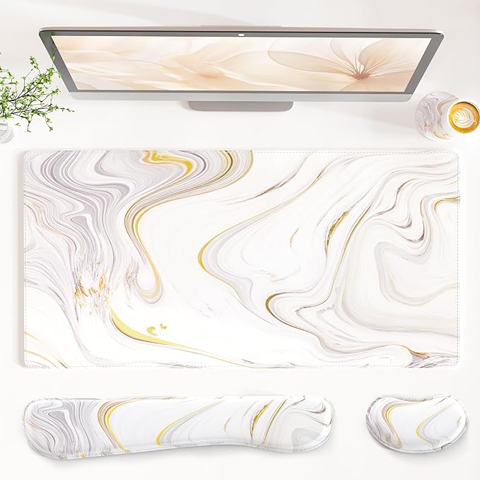 QiyI Leather Desk Mat Set 4-in-1 Large Mouse Pad with Wrist Rest Non-Slip Desk Pad + Keyboard Wrist Rest + Mouse Wrist Support + Coaster Office Desk Accessories Home Decor Supplies White Marble