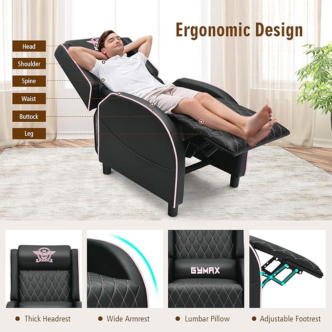POWERSTONE Gaming Chair Recliner with Footrest Breathable PU Leather Massage Recliner - Ergonomic Sofa Computer Chair with Lumbar Support Headrest and Side Pouch for Living Room Home TheaterPink
