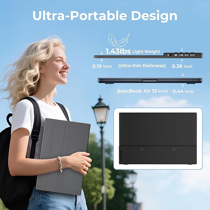 Portable Monitor for Laptop-14'' 1200P 100% sRGB FHD IPS Display Ultra-Slim USB-C HDMI External &amp Travel Monitor with Cover &amp Speakers for Laptop/PC/Mac/Phone/Xbox/Switch/PS4