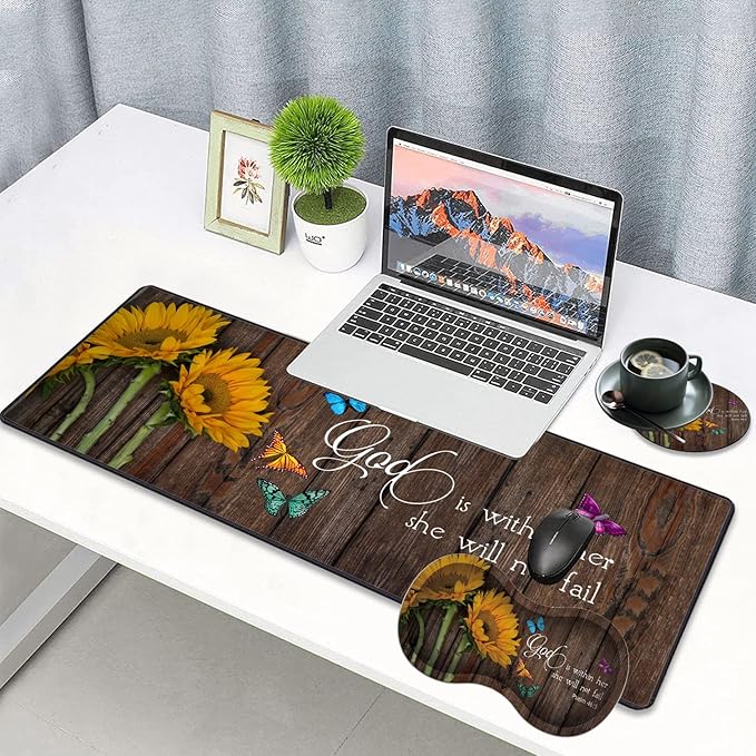 3 Piece Mouse Pad Set with Stitched Edge Large Anti-Slip Mouse Pad Desk Pad Keyboard Pad + Wrist Rest Pad + Coaster Memory Foam Wrist Rest for Office/Home - Psalm 46:5 Sunflower
