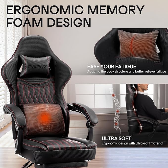 Dowinx Gaming Chair Breathable PU Leather Gamer Chair with Footrest Massage Lumbar Support Big and Tall Ergonomic Reclining Computer Chair with Pocket Spring Cushion for Adults Teens(Black)