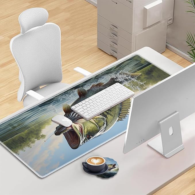 Mouse Pad Set Large Gaming Mouse Pad (31.5X 11.8 inches)+ Wrist Rest Pad + Coaster Ergonomic Wrist pad Home Office Desk Accessories Decor Supplies Large Mouth Bass Fish