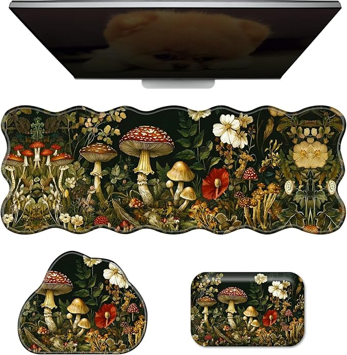 3-Piece Ergonomic Desk Mat &amp Cloud Wrist Rest Set Large 31.5 x 11.8 Wave Office Desk Pad with Memory Foam Support Non-Slip Computer Protector for Home Gaming &amp Writing Mushroom Flower