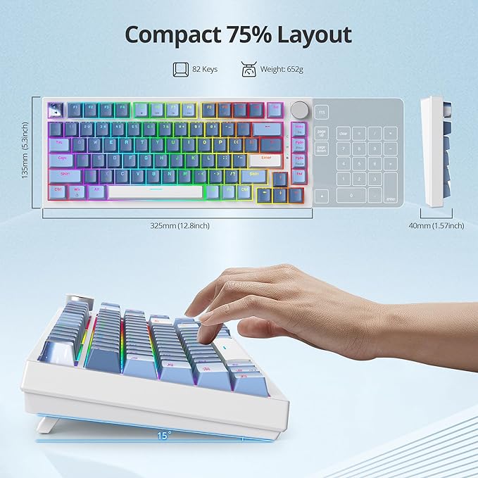 Guffercty kred 75% Percent Blue Keyboard Gasket Mount with Knob Hot-swappable RGB Wired Mechanical Gaming Keyboard Programmable for Mac/Win (82 Sea Fog Blue)