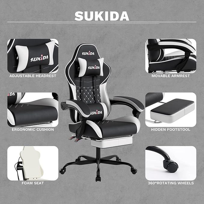 Ergonomic Video Gamer Chairs Gaming Computer Chair Gamer Chairs for Adults Massage Lumbar Support Swivel Height Adjustable Headrest Backrest