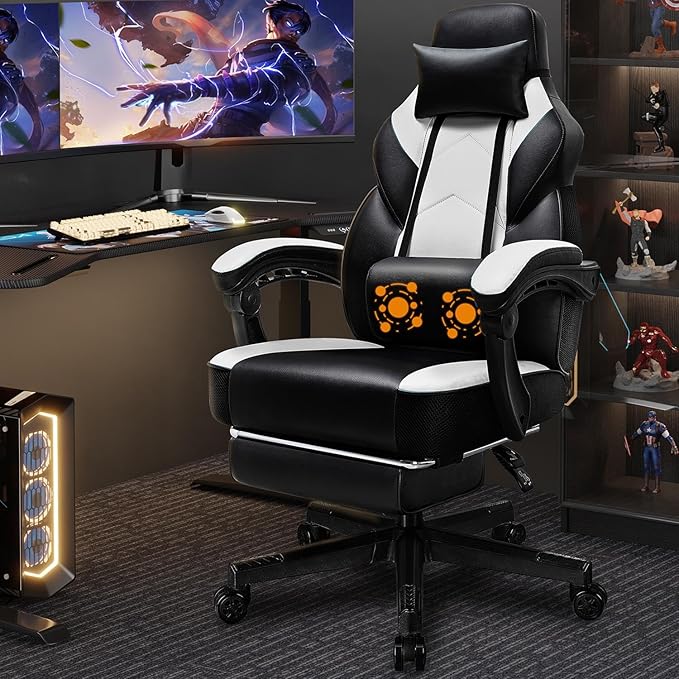 Shintenchi Gaming ChairVideo Game Chair with footrest and Massage Lumbar SupportHeight Adjustable Game Chair with 360°Swivel Seat Ergonomic Computer Chair with Headrest for Office or Gaming(White)