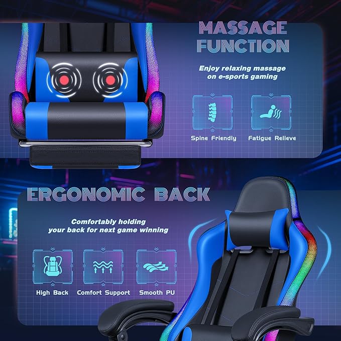 Furmax Gaming Chair with RGB LED Lights Video Game Chair with Footrest and Massage Lumbar Support High Back Reclining Computer Chair with Headrest Swivel Seat Gamer Chair (LED Blue)
