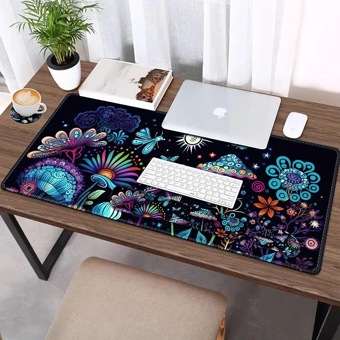 AIMSA Large Gaming Mouse Pad Set Keyboard Wrist Rest Support+ Extended Mousepad+ Mouse Wrist Cushion+Coaster Ergonomic Multifunctional Desk Mat 35x15.7in Colorful Abstract Mushrooms