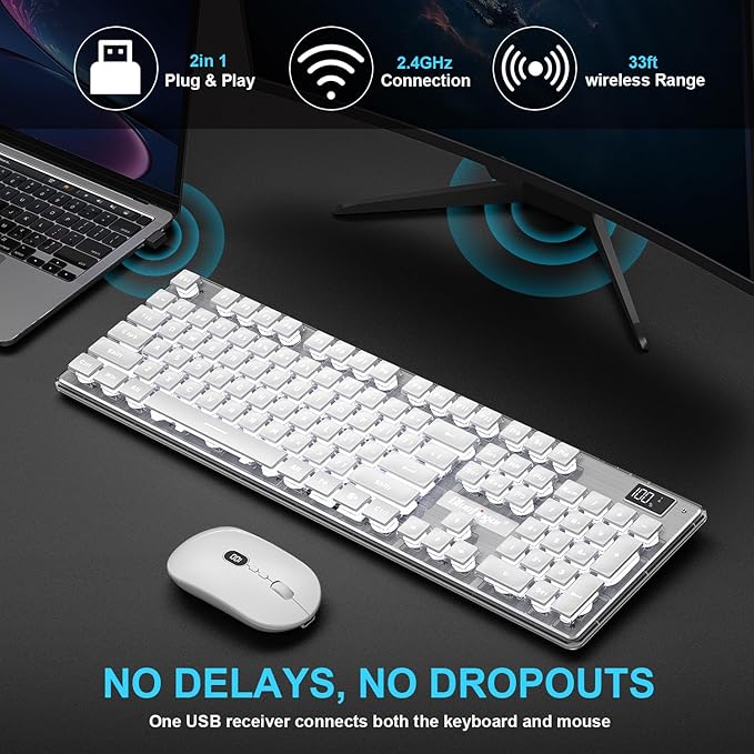 BlueFinger Wireless Gaming Keyboard and Mouse Combo Upgrade Battery Percentage Display Rechargeable Slim Gaming Keyboard Mouse Set Light Up Full-Size Keyboard Silent Mouse Set for Computer Laptop