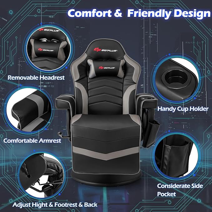 POWERSTONE Gaming Recliner Adjustable Massage Gaming Chair with Cup Holder Footrest Ergonomic Single Sofa Living Room Home Theater Seating with Side Pouch (Grey)