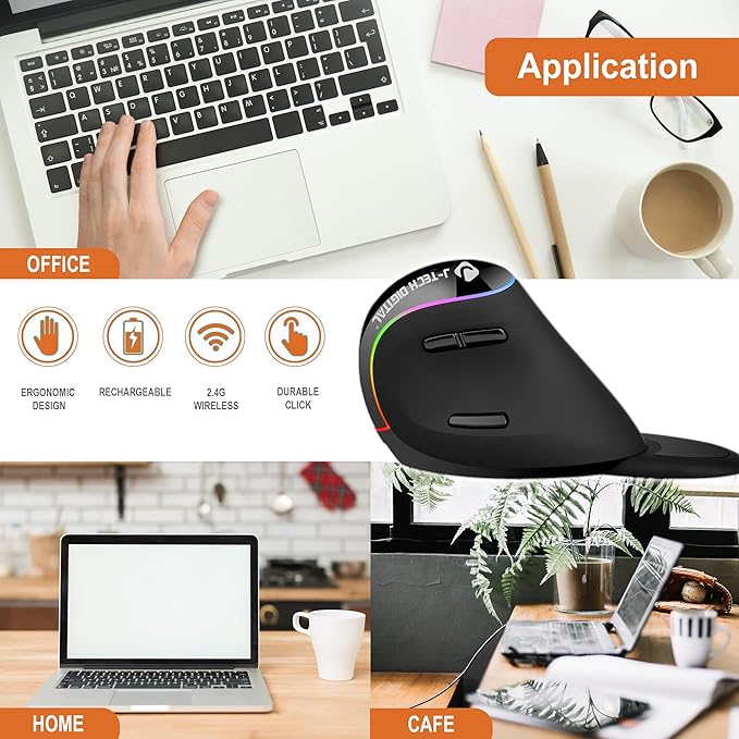 J-Tech Digital Ergonomic Mouse with Wireless Connection Removable Palm Rest Thumb Buttons Rechargeable Battery 800 DPI Compatible with Windows and MAC OS