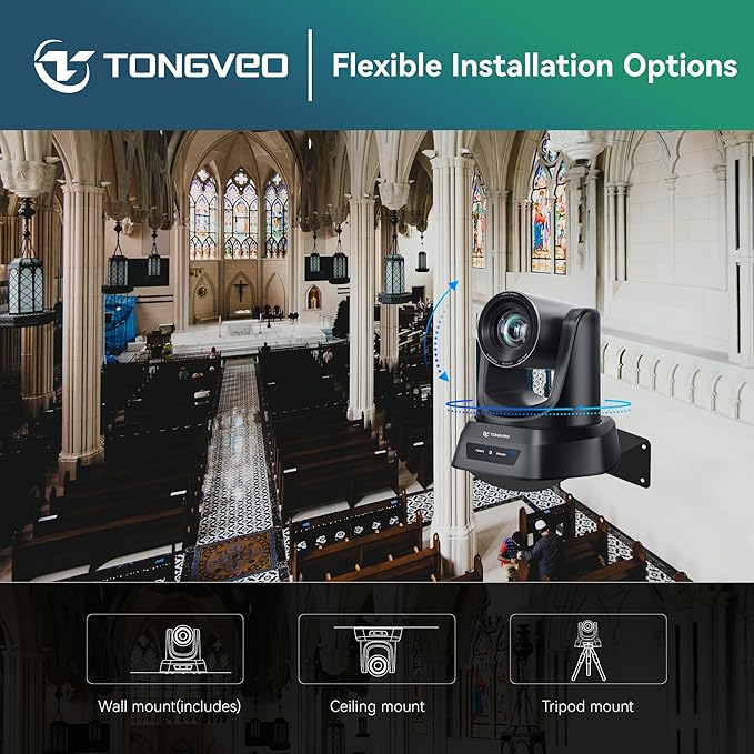 TONGVEO 4K AI PTZ Camera with Auto Tracking and 20X Optical Zoom Conference Room Webcam with HDMI/USB3.0/LAN/PoE Ideal for Church Worship Zoom Meetings Live Streaming and Education