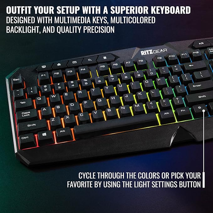 Ritz Gear RGB Gaming Accessories Kit | 4-in-1 Rainbow LED Backlight Bundle PC Combo with Multimedia Keyboard Optical Mouse Mouse Pad &amp Headset w/Adapter | for Windows 7+ Desktop Laptop Xbox &a