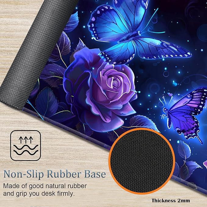 Large Gaming Mouse Pad + Wrist Rest + Lace Coaster Non-Slip Set with Sewn Edges and Waterproof Expandable Desktop Pad Suitable for Office/Home Purple Roses and Butterflies