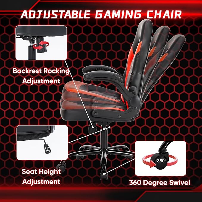 DUMOS Computer Gaming Home Office Chair - Ergonomic Big and Tall Desk with PU Leather Lumbar Support Height Adjustable High Back Video Game with Flip-up Armrest Swivel Wheels for Adults and Teens