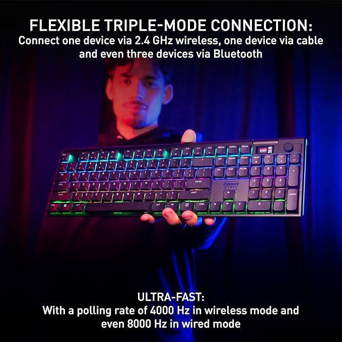 CHERRY XTRFY MX 10.1 Wireless | Cordless Low-Profile Gaming Keyboard | Rotary LCD Knob | RGB Lighting | Slim Aluminum
