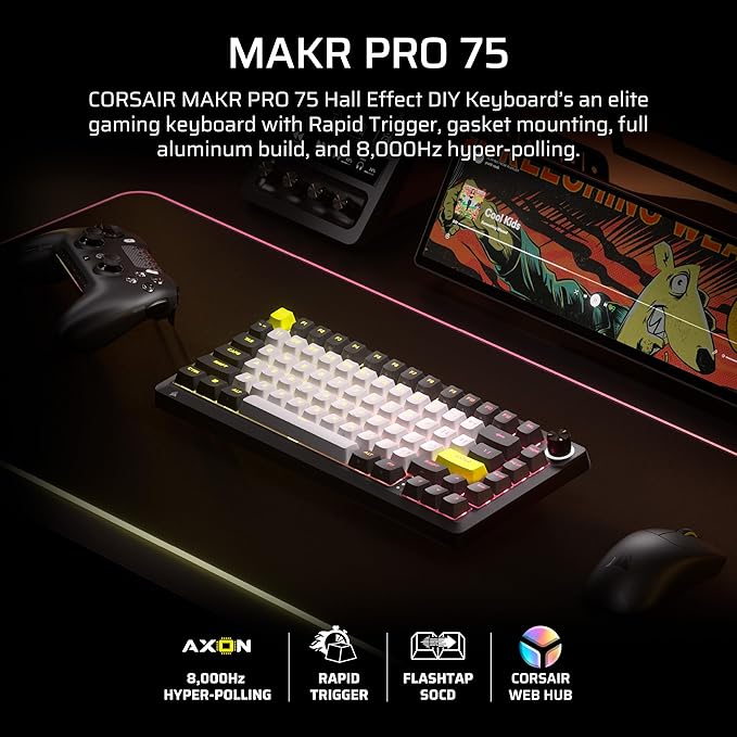 Corsair MAKR PRO 75 Hall Effect DIY Wired Magnetic Mechanical Gaming Keyboard – 75% Layout MGX Hyperdrive Switches Dual Actuation Rapid Trigger FlashTap SOCD 8000Hz US Layout – Black