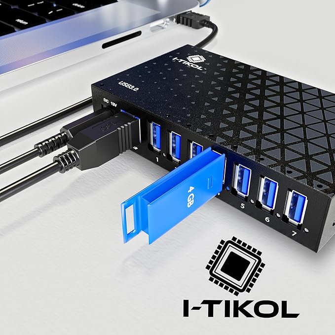 7 Port USB 3.0 Hub - Powered USB Hub –Multiple USB Splitter with Built-in 12V/3A/36W Power Adapter - Up to 5Gbps Sync &amp High-Speed Data Transfer - Mounting Brackets for Phone MB Laptop Tablet PC