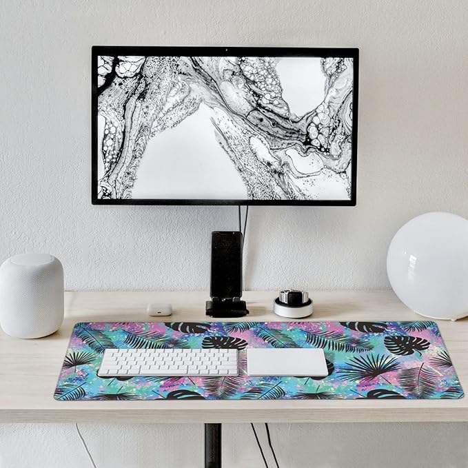 Colorful Palm Leaves Large Mouse Pad Gaming Mousepad with Wrist Support Rubber Computer Keyboard Mat for Desk Laptop Non-Slip Full Deskmat Protector Waterproof Writing Pad Office Home 16x35.5 in