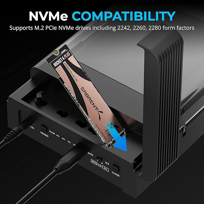 SABRENT USB-C Lay Flat Docking Station – NVMe M.2 + SATA 2.5”/3.5” SSD/HDD Enclosure 10Gbps Tool-Free Offline Clone Function USB 3.2 Type-C for Windows Mac Linux (DS-UFNC)