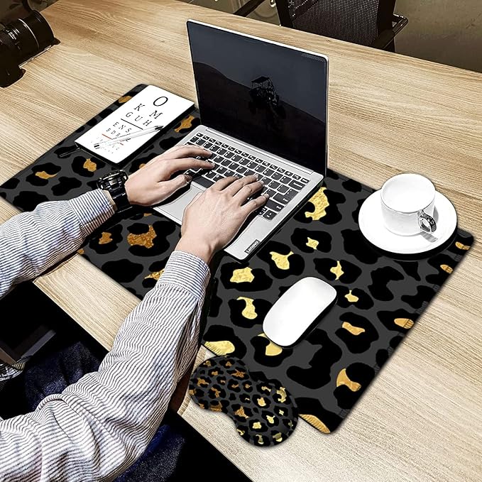 Large Gaming Mouse Pad31.5x11.8 in Extended Computer Mouse Mat with Non-Slip PU Base Ergonomic Memory Foam Keyboard Wrist Restfor Work GamingWriting Pad Gold &amp Black Leopard Office Desk Pad