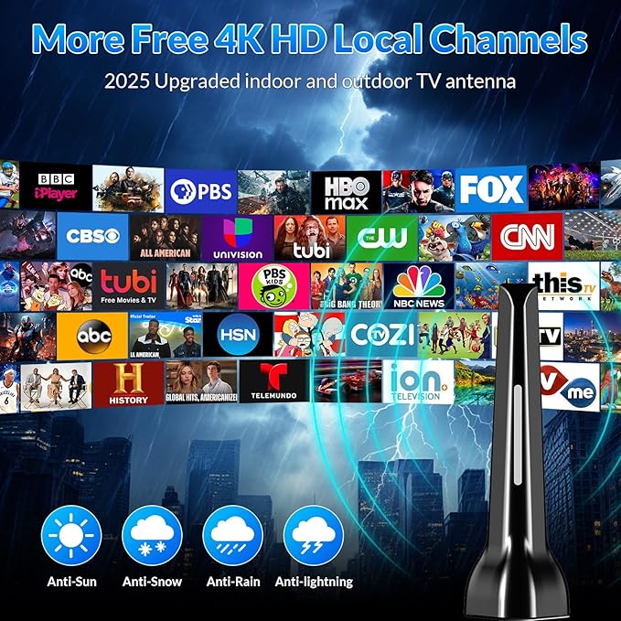 TV Antenna for Smart TV Indoor Long Range Digital HDTV Antenna for Local Channels in 4K 1080p - 360° Reception with Strong Magnetic Base Easy Setup for Free Over-The-Air Channels No Cable