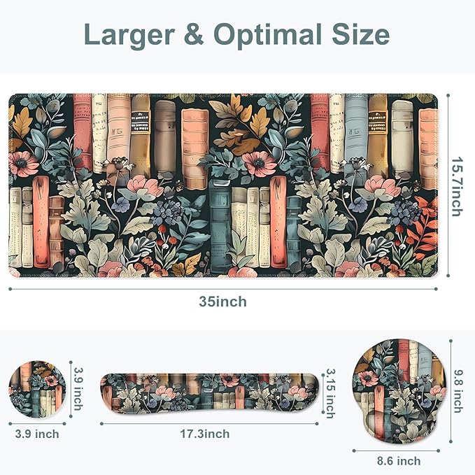 Nature Aesthetic Florals Books Mouse Pad XXL Large Desk Mat Extended Reading Desk pad 4PCS Non-Slip Rubber Base Computer Big Mousepads for Work Game Office Home Decor Accessories I Bookworm Gift