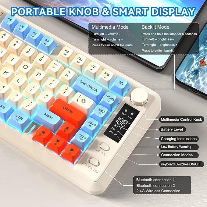 ZIYOU LANG M75 Wireless Gaming Keyboard RGB Backlit Rechargeable 2000mAh Battery Small Membrane But Mechanical Feel Keyboard with Smart Display &amp Knob PBT Gradient keycaps for PC MAC - Blueber