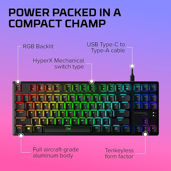 HyperX Alloy Origins Core - Tenkeyless Mechanical Gaming Keyboard Software Controlled Light &amp Macro Customization Compact Form Factor RGB LED Backlit Tactile HyperX Aqua SwitchBlack