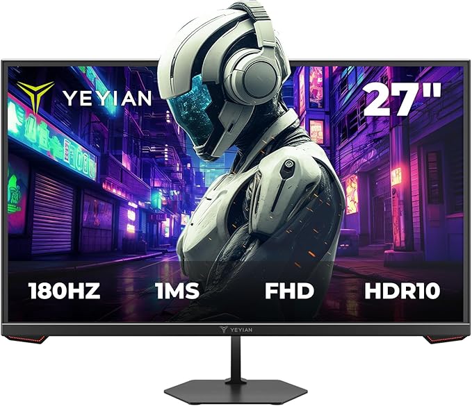 YEYIAN 27” Gaming Monitor 1080p FHD 180Hz Fast IPS 1ms Response 97% sRGB HDR10 FreeSync &amp G‑Sync Compatible Ultra‑Slim Bezel HDMI 2.0 + DP 1.4 178° Wide View Tilt Adjustable