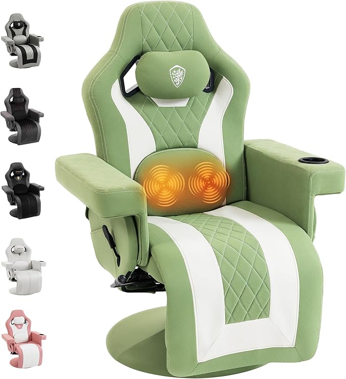 Dowinx Racing Style Gaming Recliner Chair with Massage Lumbar Support Footrest Cup Holder Side Pouch High Back Ergonomic Video Game Chair Reclining No Wheels Heavy Duty Fabric Green