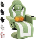 Dowinx Racing Style Gaming Recliner Chair with Massage Lumbar Support Footrest Cup Holder Side Pouch High Back Ergonomic Video Game Chair Reclining No Wheels Heavy Duty Fabric Green