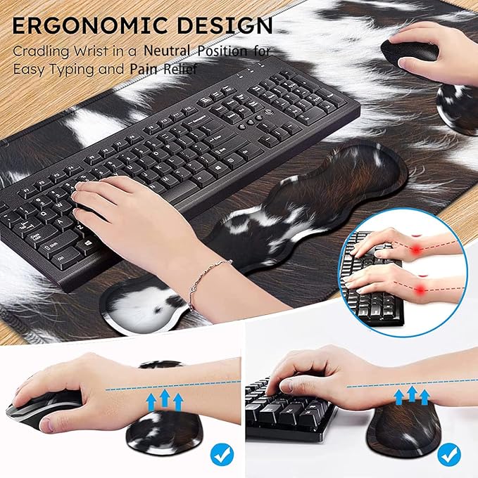 JVGFYNKL Gaming Mouse Pad XXL Large Desk Cute Black Cowhide Extended Mousepad Ergonomic Memory Foam Keyboard Wrist Rest Stitched Edges Desk Pad(31.5x11.8 in) Extended Large Mousepads Wrist Rest Set