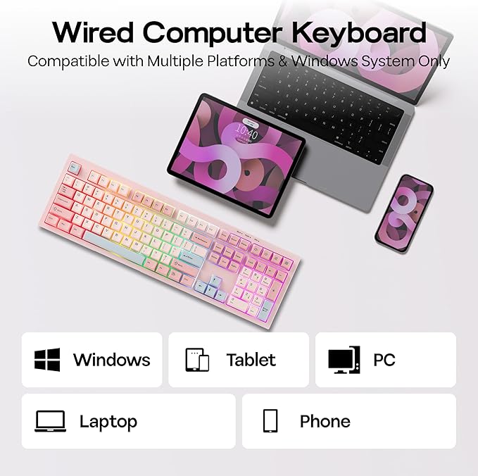 MechLands Aula S102 Membrane Gaming Keyboard with Number Pad 100% Full Size Layout USB-C Wired RGB Backlit Creamy Silicone Structure Silent Keyboard for PC Game/Office (Pink)