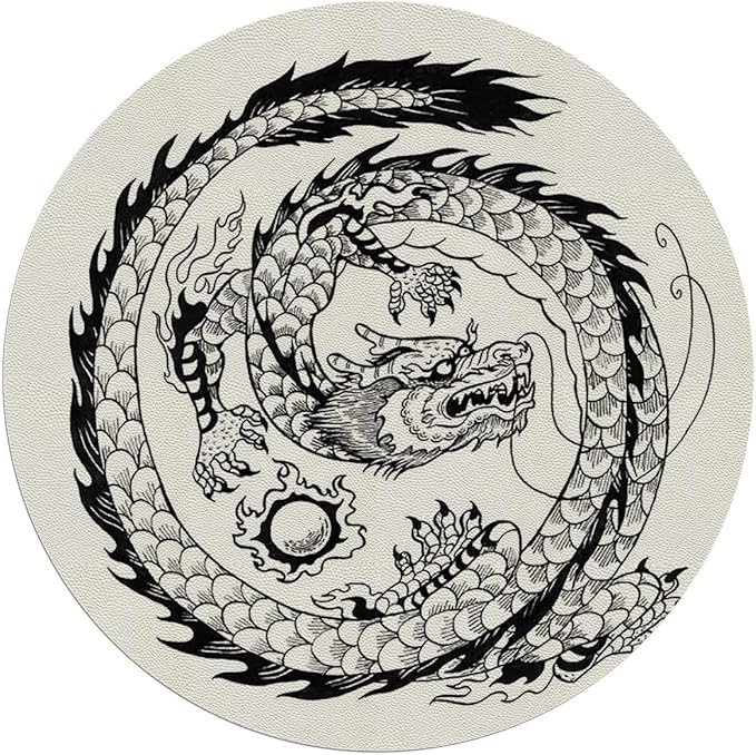 Black and White Gaming Chair Mat Round Floor Mats Japanese Swirled Dragon Mythology Eastern Office Chair Computer Gaming Desk Mat for Rolling Chair Non-Slip Gaming Rug Dragon Diameter 35.4 in