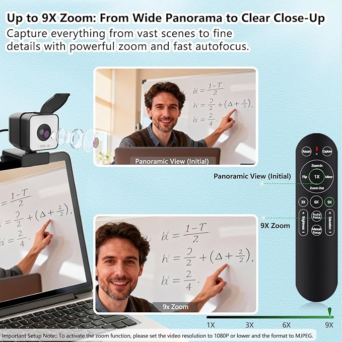 4K USB Webcam with Dual Microphones 9X Hybrid Zoom Auto Light Correction 86° Wide Angle for Video Conferencing Live Streaming Remote Work Compatible with PC Desktop Laptop