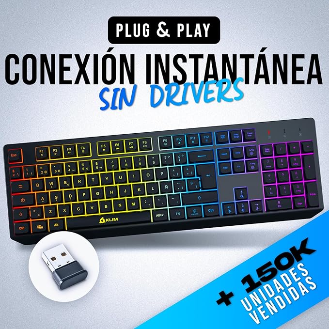 KLIM Chroma Wireless Spanish (España) Keyboard RGB Backlit Wireless Keyboard Rechargeable Battery Quiet Water-Resistant Plug &amp Play for PC Mac PS4/PS5