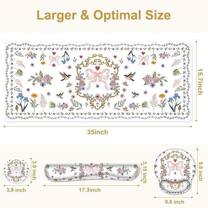 White Florals Mouse Pad XXL Large Desk Mat Extended Nature Aesthetic Desk pad 4 PCS Non-Slip Rubber Base Computer Big Mousepads for Work Game Office Home Decor I Weeds Vintage Birds