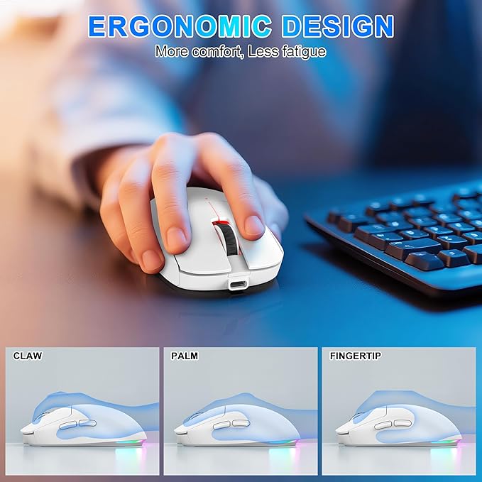 Bluetooth Wireless Gaming Mouse for MacBook Air PC iPad Pro Ergonomic Rechargeable Laptop Mice with Jiggler Mode 8000DPI RGB Computer Mouse Wired/Bluetooth 5.3/2.4G USB 3 Mode Connect - White