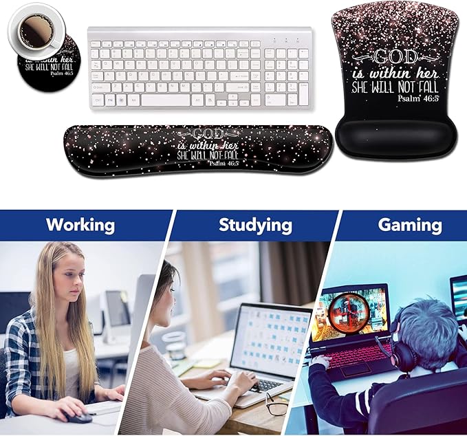 Ergonomic Gel Mouse Pad with Wrist Support Memory Foam Keyboard Wrist RestNon-Slip PU Base for Home Office Working Studying Easy Typing &amp Pain Relief Rose Gold Glitter Black Mouse Pad Psalm 46-