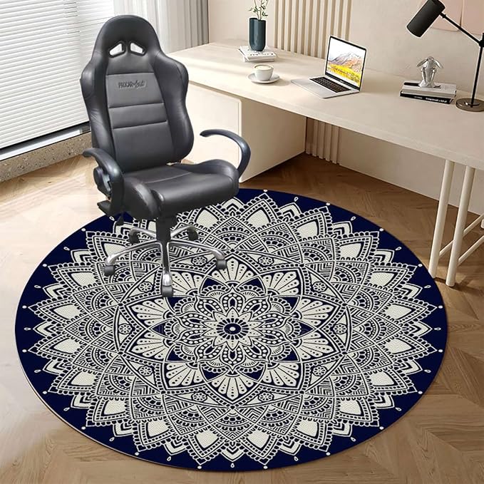 Blue Indigo PU Leather Non Slip Desk Floor Mat for Hardwood Floor Mandala Exotic Floral Ornament Round Gaming Computer Chair Mat for Home Office Gaming Room Modern Tribal Diameter 47.2 in