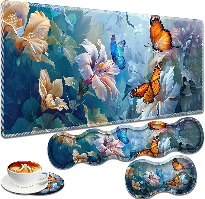 Large Gaming Mouse Pad + Keyboard Wrist Rest + Wrist Support + Coaster Set Memory Foam Ergonomic for Easy Typing XXL Extended Gaming Mouse Pad Table Pad - Painting Butterfly
