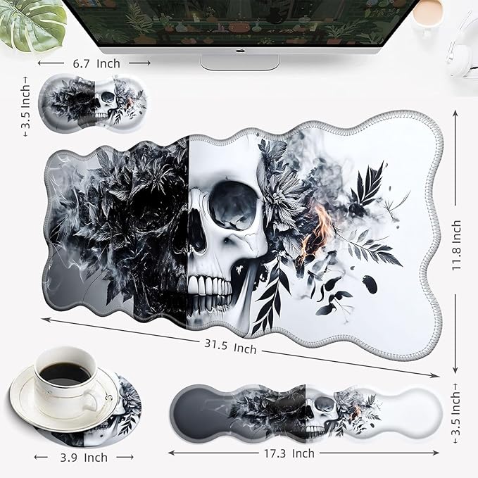 Desk Mat Mouse Pad with Wrist Rest 4-in-1 Large Mouse Pads for Desk Ergonomic Mouse Pad and Keyboard Wrist Rest Gaming Keyboard Mat for OfficeFunny Skull