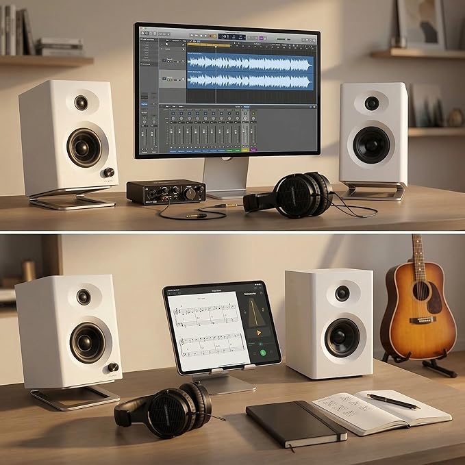 3-Inch Bluetooth 5.3 Computer Speakers for PC Max 60W RMS Rich Stereo Sound with Good Bass &amp Clear Highs Stable Aux/RCA Inputs for Gaming Home Office Studio White Pair