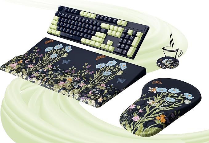 Ospelelf Ergonomic Mouse Pad and Keyboard Stand Wrist Rest Set Memory Foam Comfort Pain Relief for Typing Office Desk Accessories Moonlit Blossoms